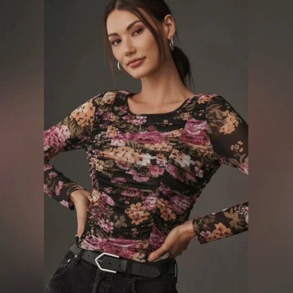 MAEVE BY ANTHROPOLOGIE FLORAL MESH RUCHED TOP - Picture 1 of 3